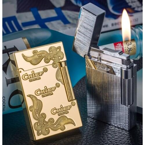 Luxury Chief butane Inflatable gas cigarette lighter waterproof grinding wheel flint hinge smoking igniter high-end gift BOX