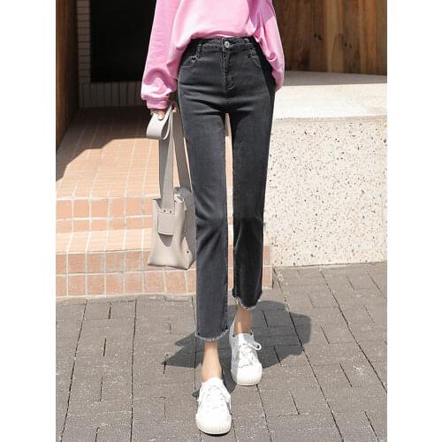 Solid Smoke Grey Ankle Length Women Jeans Stretch Slim Fit Straight Leg Pockets Zipper Jeans For Girls Boyfriend Deninm Pants