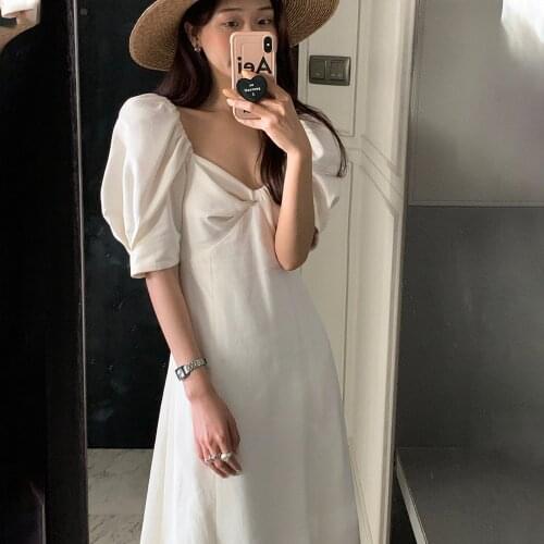 2021 New Women Summer White Vintage Sexy Chic Long Dress Twist V Neck Puff Sleeve A-line Sundress