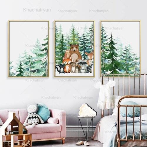 Watercolor Forest Poster Squirrel Small Animal Child Room Decoration Canvas Painting Fox Bear Raccoon Home Decor Posters Print