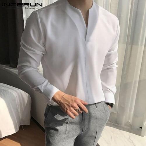 INCERUN Fashion Men Shirt 2021 V Neck Long Sleeve Brand Casual Men Clothing Streetwear Solid Color Leisure Camisa Masculina 3XL