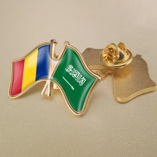 Romania and Saudi Arabia Crossed Double Friendship Flags Lapel Pins Brooch Badges