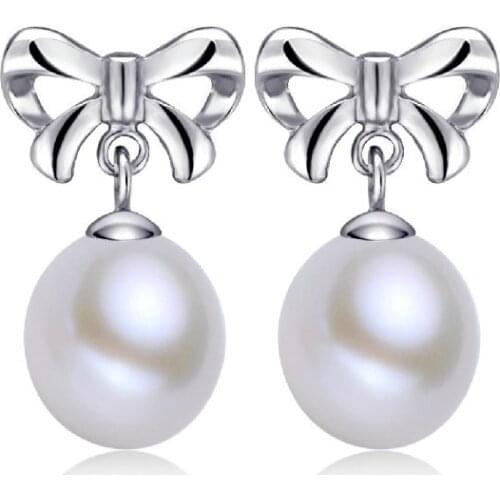 Bow Pearl Earrings Genuine Natural Freshwater Pearl 925 Sterling Silver Earrings Pearl Jewelry For Wemon Wedding Gift