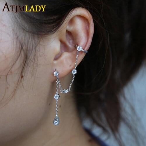 100% 925 Sterling Silver delicate Ear Cuff Earrings with Long Chain Tassel Crystal tear drop cz earring clip Brinco Boho Jewelry