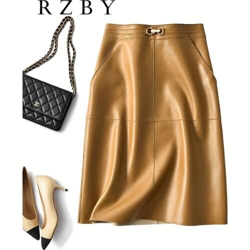 Women Leather Genuine Skirt High Waist Real Natural Sheepskin 2021 New Elegant Office Lady Work Wear Midi A-line Falda RZBY289
