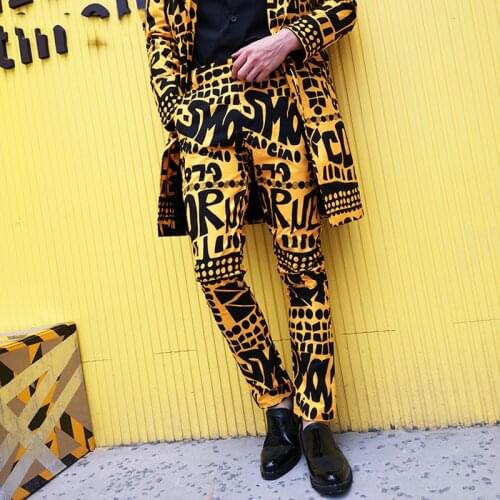 Yellow Letter Hip Hop Pants Mens Nightclub Trendy Costume DJ Wear Modern Stage Outfits Go Go Dancer Hairdresser Slim Pants 1852
