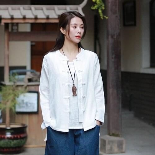 Spring New Chinese Style Women Shirts Cotton Linen Stand Long Sleeve Button Blouses 2021 Top Solid Color Shirt MH621