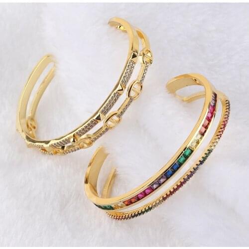 Double Line Bangles For Women Copper Gold Color Open Simple Bracelets Fashion Jewelry 2021 Party Wedding Gift