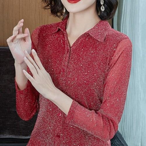 2020 autumn new woman tshirts Fashion Long sleeve Turn down collar mesh tops Solid color plus size women t-shirt blusas