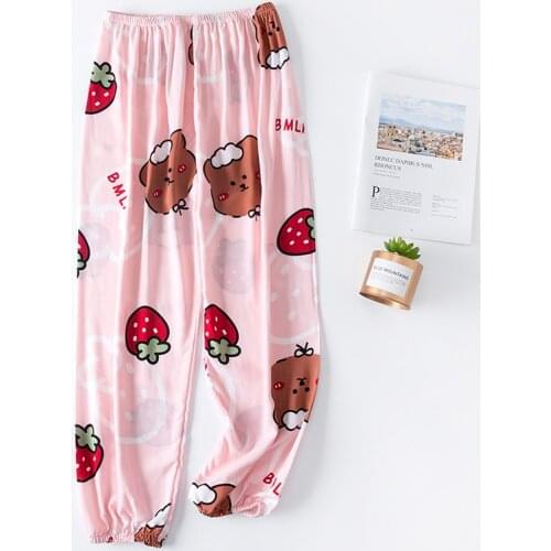 Women Summer Print Sleep Bottoms Cotton Cute Cotton Home Pants Soft Elastic Waist Pajamas Trousers Ankle-Length Knickerbockers