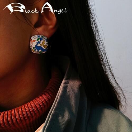 BLACK ANGEL 2020 New Fashion Colorful Enamel Flower Birds Square Stud Earrings For Women 925 Silver Ear Jewelry Wedding Gift