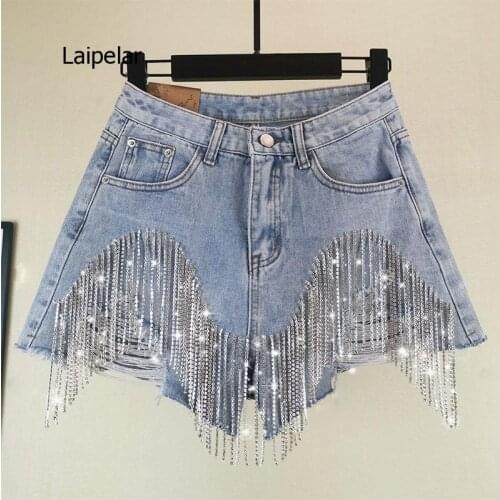2021 New Fashion Jeans Women Hole Tassel Bright Diamond Chain Light Blue Streetwear High Waist Slim Short Pant