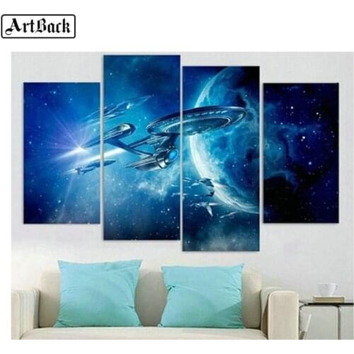 5d diamond painting spaceship UFO pattern full square round 3d diamond embroidery mosaic art living room decoration 1 set 4pcs