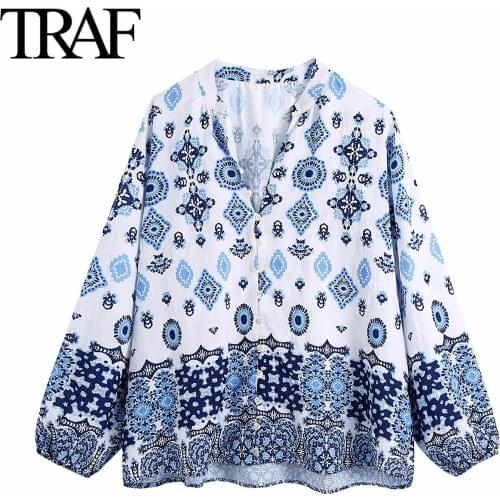 Traf Women Clothing 2021 Spring Autumn Long Sleeve Blouses Chic Street Loose Print Button Up Shirts French Fashion LadiesTops