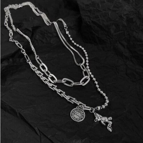 Origin Summer Fashion Double Layer Little Bear Love Heart Clock Pendant Necklace for Women Vintage Chunky Chain Necklace Jewelry
