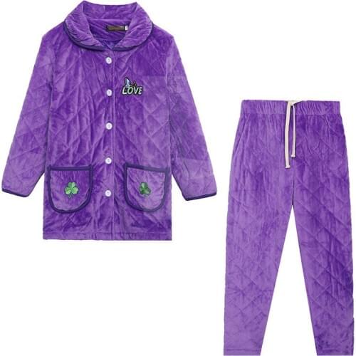 2020 Cozy Oversize Flannel Two-Piece Suit Women Winter Purple Thicken Warm Trousers Pajamas 2-Piece Sets Plus Size 4XL-8XL KW236
