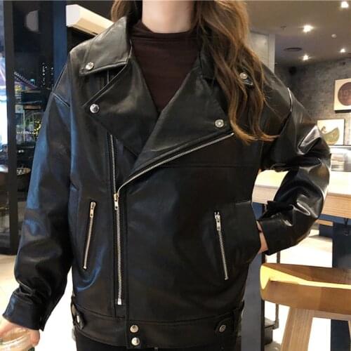 Jacket Women Pu Leather Fashion Casual Loose Faux Zipper Pocket Moto Biker England Coats Female Black Oversized Outerwear
