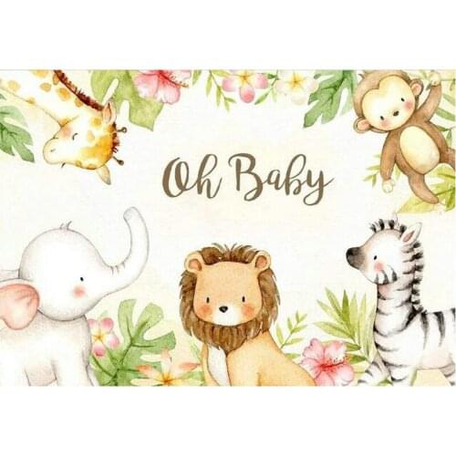 Cute Animals Oh Baby Backdrop Flower with Leaves Photography Background Celebration Photo Booth Studio Decor