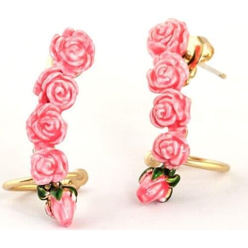 Fashion personality handmade enamel drawing pink multi-layer flower jewelry gold-plated Stud earrings ear buckle earrings women