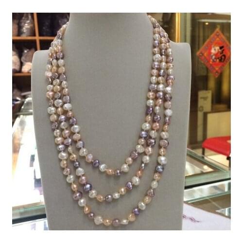 NEW long 60"7-8mm baroque white+Pink+Purple freshwater pearl necklace AAA