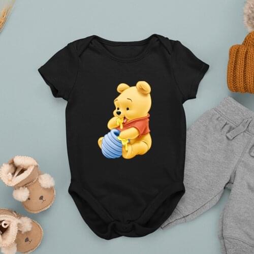 New Winnie the Pooh Bear Harajuku Toddler Jumpsuit Baby Girl Boy Black Clothes Kawaii Graphic Newborn Romper