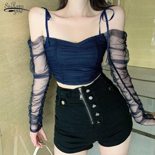 Autumn Slash Shoulder Pleated Slim Shirt Women Sexy Hollow Out Romantic Spiced Mesh Tops Black Lace Blouse Chemisier Femme 12393