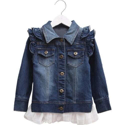 3-12 Years Baby Girls Denim Jackets Coats Fashion Children Outwear Coat Patchwork in Lace and Demin Kids Denim Jacket Clothing
