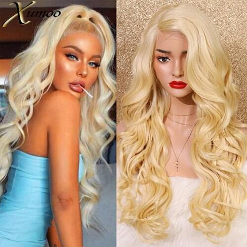 XUMOO Loose Wave Blonde Synthetic Wig Glueless Golden Heat Resistant Lace Front Wigs For Daily Cosplay Black Women Peruca loira