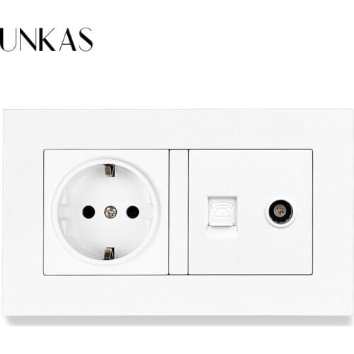 UNKAS PC Plastic Panel 16A EU Standard Socket + RJ11 Telephone Connector Jack And TV Television Port 146MM*86MM 2 Gang Outlet