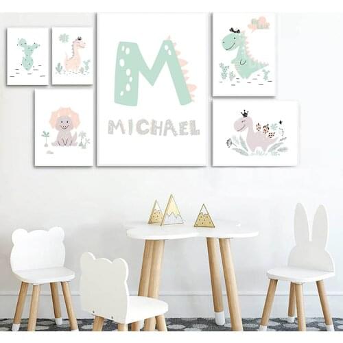 Simplicity Cute Dinosaur Posters And Prints Custom Name Print Painting Nursery Canvas Wall Art Pictures Kids Room Decoration