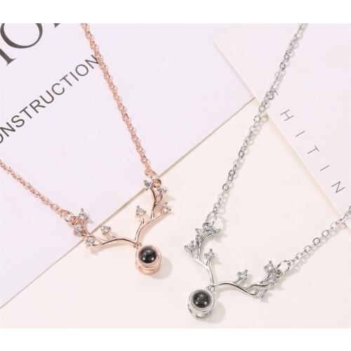 Christmas Elk Projection Deer Horn I Love You Simple White Rhinestone Rose Gold Silver Plated Copper Necklace for Women