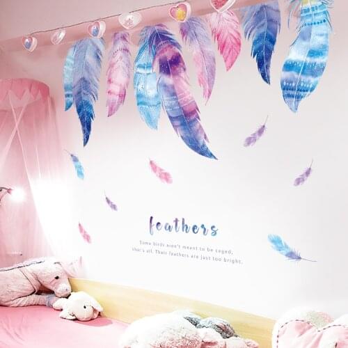 Removable Watercolour Feather Wall Stickers for Living room Bedrooms Girls room Decor Vinyl DIY Wall Decals Home Wall Murals
