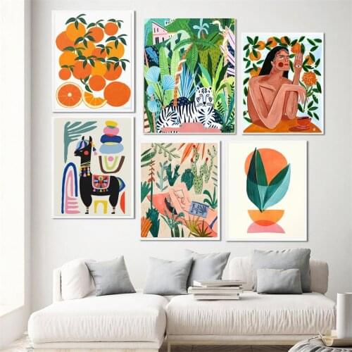 Girl Animals Llamas Orange Plant Vintage Tribe Posters And Prints Wall Art Canvas Painting Wall Pictures For Living Room Decor