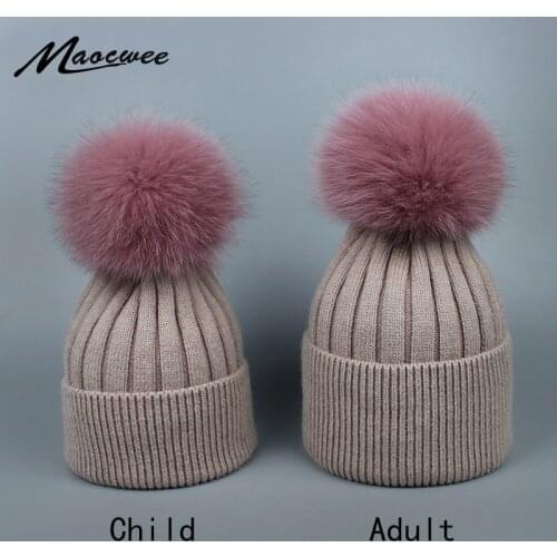 Adults and Children Wool Real Raccoon Fox Fur Pom Poms Winter Woman Hats High Quality Knitted Vogue Warm Casual Skullies Beanies