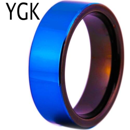 YGK Brand JEWELRY 8MM Blue High Polished Tungsten Carbide Wedding Ring With Black Eage and Black Inside the Ring Gift Ring