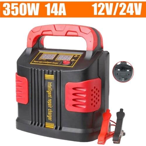 Automotive Car Battery Charger 350W 14A AUTO Plus Adjust LCD Battery Charger Terminals 12V-24V Car Jump Starter Portable