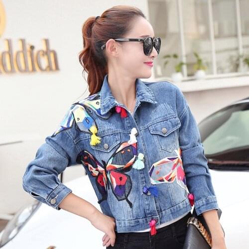 Autumn Spring Womens Embroidry Patcwork Short Denim Coat Femme Long Sleeve Casual Jean Jacket Outwear
