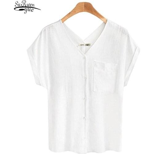 2021 Vintage Plus Size Women Summer Ladies Tops Fashion Women Shirt Chiffon Short Shirt V Neck White Shirt Top for Women 3870 50