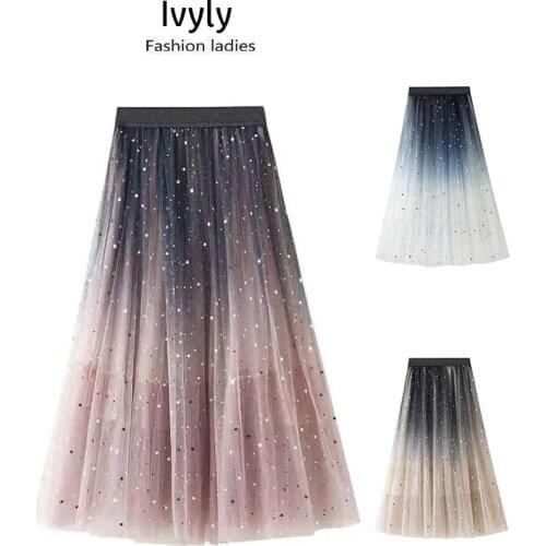 Gradient Color Long Tulle Chiffon Skirts High Waist Casual For Women Falda Larga Verano Korean Fashion Pleated Maxi Clothing