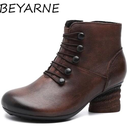 BEYARNEWomen Boots Genuine Leather Ladies Shoes Zip 2021 New Handmade Leisure Round Toe Concise Sewing Ankle Platform Boots