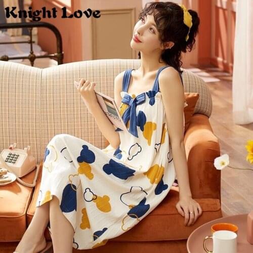 Women Nightgowns Cotton Night Dress Sexy Sleepwear Lingerie Sleeveless Spaghetti Strap Pyjamas Ruffles Bowknot Nightwear M-3XL