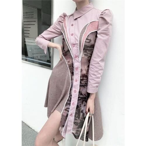 Pink Irregular Shirt Dress Women 2021 Spring Button Up Female Vestidos Long Sleeve Mini Dress Womens Casual Clothing XC277
