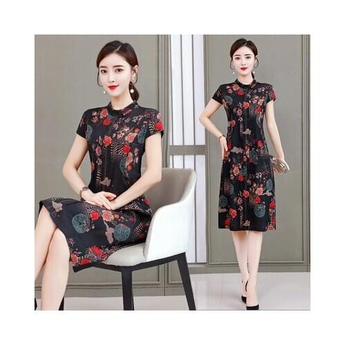 2021 Free Shipping New Fashion Summer Loose Printed Dress Women Silk Medium Length Real Photo Mother Work Wear Dressess