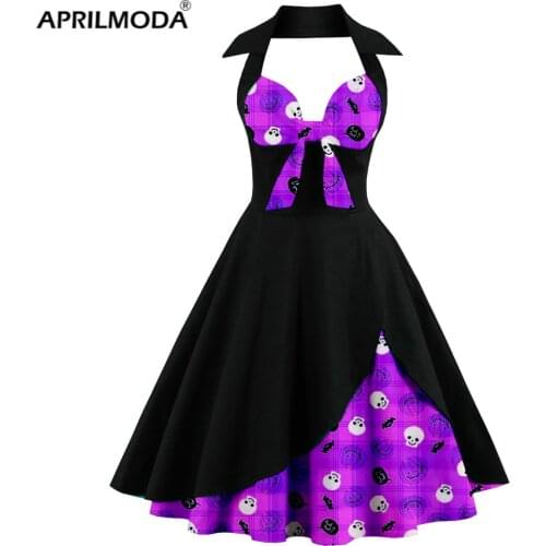 Skull Butterfly Women Party Dress 50s 60s Retro Vintage Rockabilly Gowns Halter Patchwork Big Swing Halloween Jurken With Bow