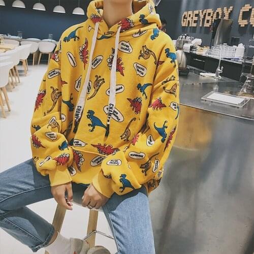 Winter new Korean Preppy Style Dinosaur Cartoon Print Cute Large yard Leisure Cartoon Loose chic Pullovers Hooded sweatershirt