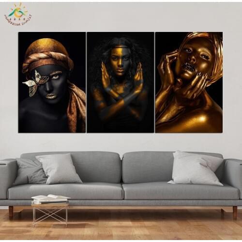 Golden Balck Girl Wall Art HD Prints Canvas Art Painting Modular Picture And Poster Canvas Painting Decoration Home 3 PIECES