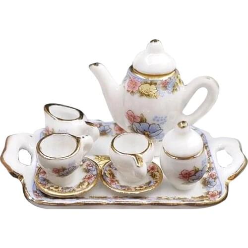 1:12 Dollhouse Miniature Porcelain Pink and Gold Tea Set Decorative Accessories