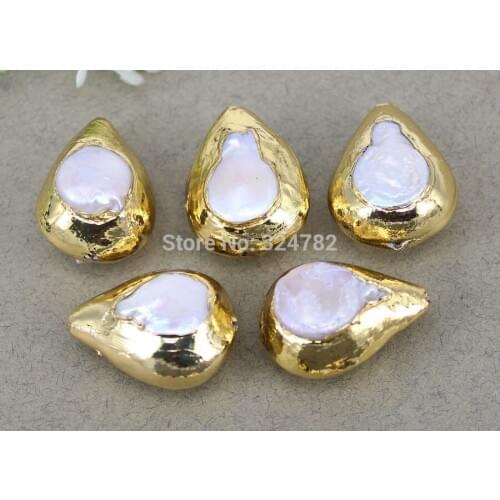 10pcs Gold Color Drop Shape Natural Freshwater Pearl Beads,Copper Electroplated with White Pearl Beads For Jewelry Making