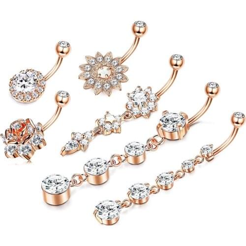 12pcs /lot Crystal Zircon Navel Ring Stainless Steel Zircon Navel Buckle Sunflower Nail Belly Piercing Pendant Rose Gold 14G