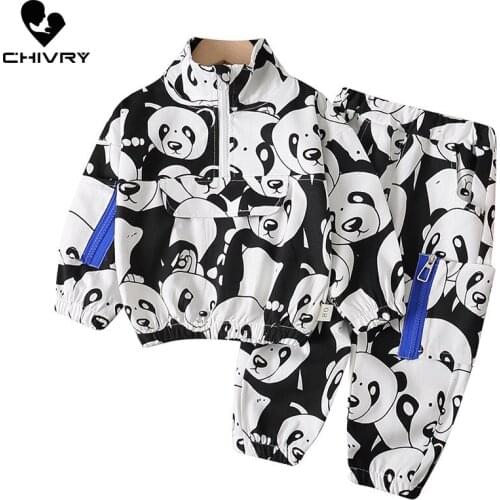 2Pcs 2021 Autumn Fashion Baby Boys Cartoon Panda Pullover Hoodies Sweatshirt Jackets with Long Pants Children Clothing Set